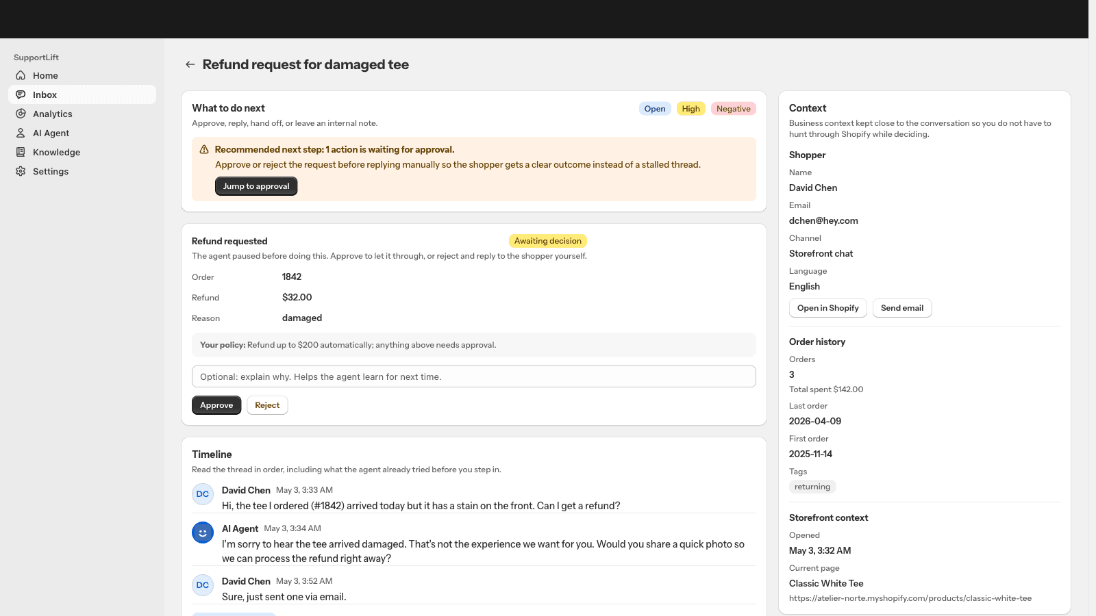Conversation view showing a refund request with policy caps and approval flow