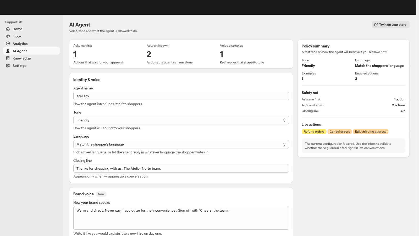 AI Agent settings page with action toggles and approval policies