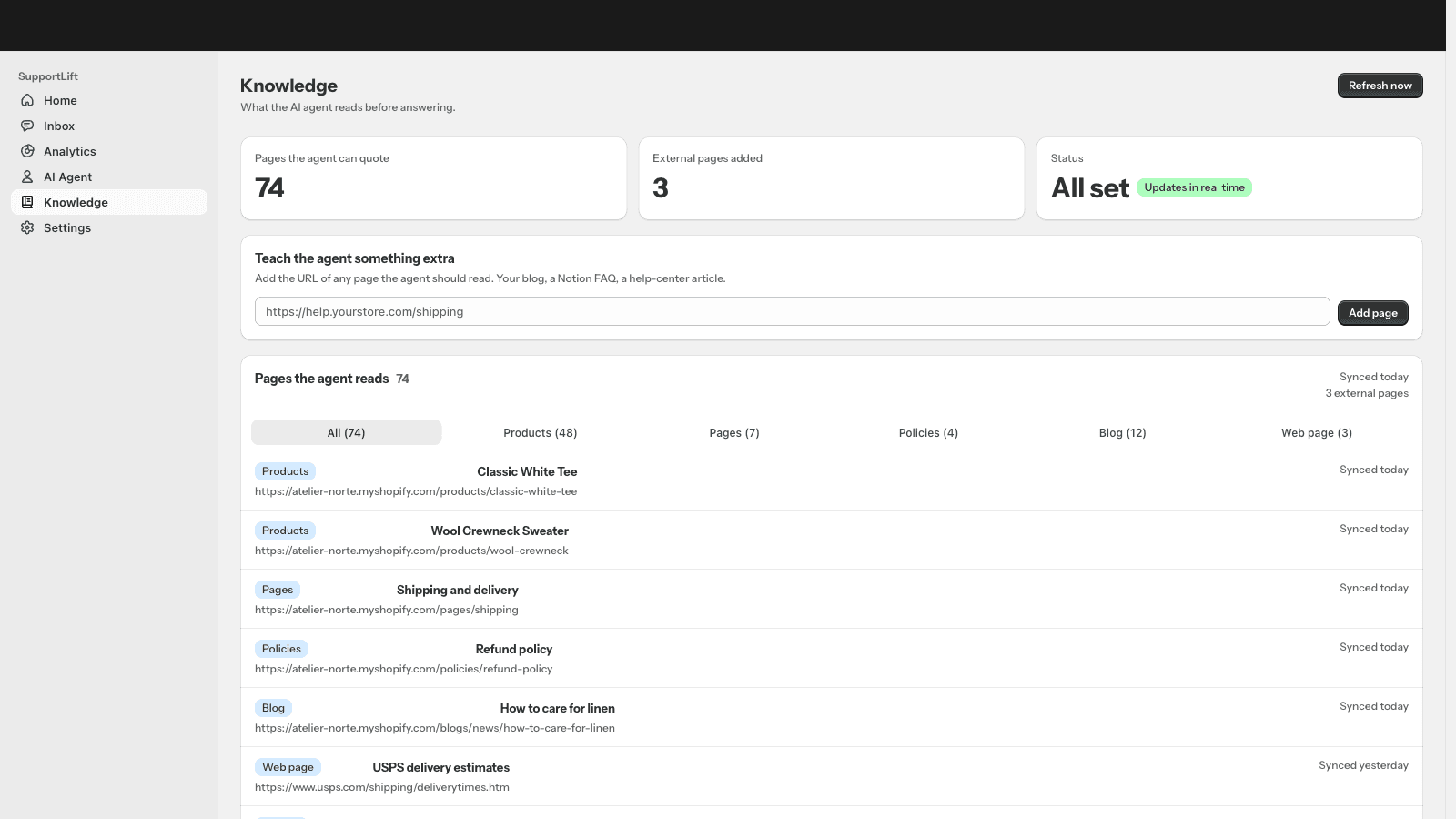 Knowledge sources page showing products, pages and policies indexed from the shop